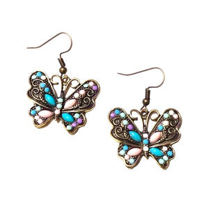 Butterfly Earrings Dangle Crystal Cut Earrings Butterflies Antique Gold